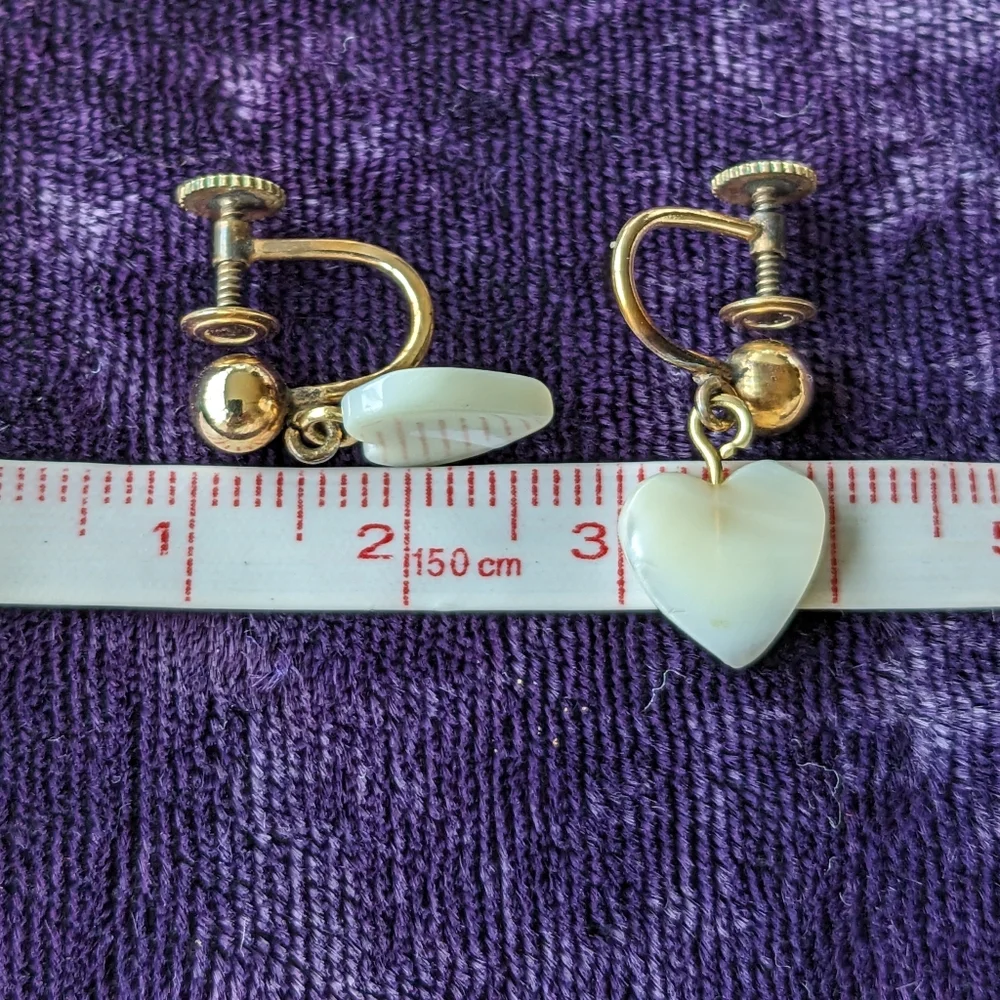 Vintage 12K Gold Filled Earrings With Heart Shaped Mother Of Pearl - Picture 5 of 5